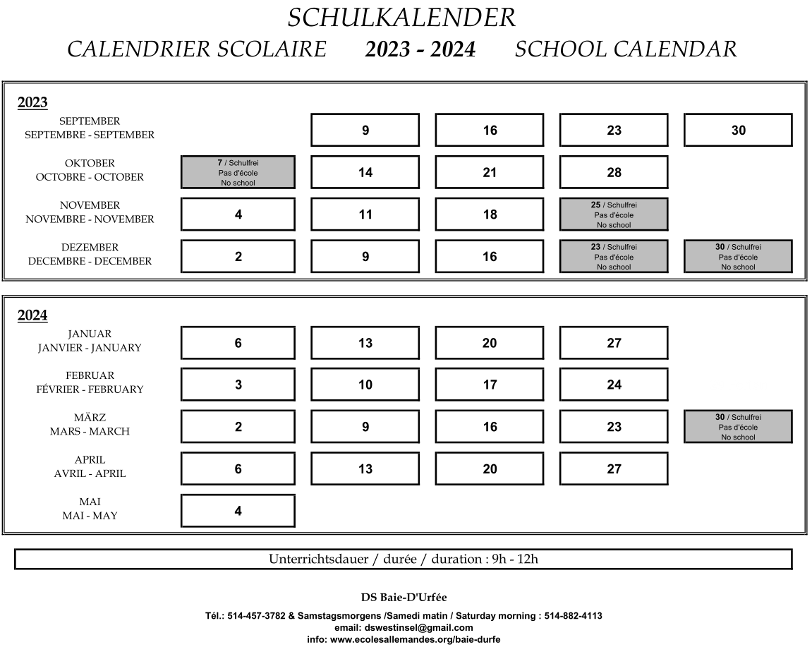 German School South-Shore - School Calendar