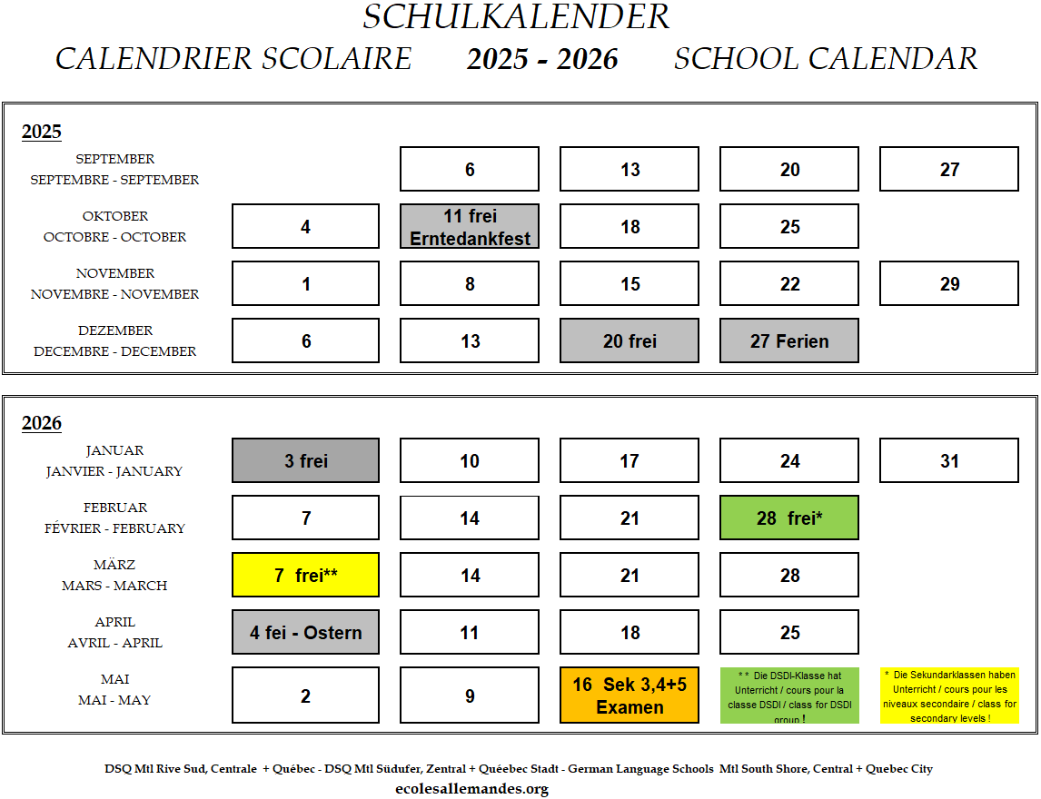 École allemande de Montréal Centre - Calendrier scolaire